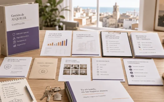 Mesa de trabajo inmobiliaria con documentación de alquiler, filtro de inquilinos, seguro de impago, contrato, fianza e inventario para alquilar piso en Castellón