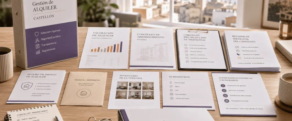 Mesa de trabajo inmobiliaria con documentación de alquiler, filtro de inquilinos, seguro de impago, contrato, fianza e inventario para alquilar piso en Castellón